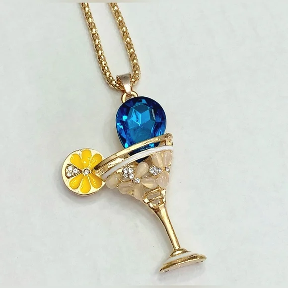 Gold plated blue and white crystal lemon martini glass necklace - Picture 3 of 16